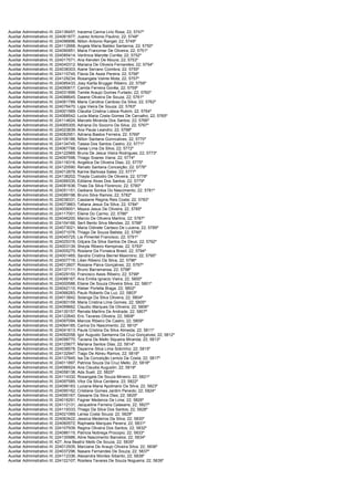 Auxiliar Administrativo III; 224136457; Iracema Carina Lirio Rosa; 22; 5747º
Auxiliar Administrativo III; 224061877; Juarez Antonio Paulino; 22; 5748º
Auxiliar Administrativo III; 224096896; Nilton Antonio Rangel; 22; 5749º
Auxiliar Administrativo III; 224112668; Angela Maria Baldez Santanna; 22; 5750º
Auxiliar Administrativo III; 224090951; Maria Francimar De Oliveira; 22; 5751º
Auxiliar Administrativo III; 224085414; Verônica Marotte Corrêa; 22; 5752º
Auxiliar Administrativo III; 224017571; Ana Kerolen De Moura; 22; 5753º
Auxiliar Administrativo III; 224040312; Mariana De Oliveira Fernandes; 22; 5754º
Auxiliar Administrativo III; 224038303; Aiane Serrano Coimbra; 22; 5755º
Auxiliar Administrativo III; 224115745; Flavia De Assis Pereira; 22; 5756º
Auxiliar Administrativo III; 224129234; Rosangela Valnte Mota; 22; 5757º
Auxiliar Administrativo III; 224085433; Josy Karlla Brugger Ribeiro; 22; 5758º
Auxiliar Administrativo III; 224090617; Camila Ferreira Govêa; 22; 5759º
Auxiliar Administrativo III; 224031899; Tamile Araujo Gomes Furtado; 22; 5760º
Auxiliar Administrativo III; 224088645; Daiane Oliveira De Souza; 22; 5761º
Auxiliar Administrativo III; 224061789; Maria Carolina Cardoso Da Silva; 22; 5762º
Auxiliar Administrativo III; 224076470; Ligia Vieira De Souza; 22; 5763º
Auxiliar Administrativo III; 224001569; Claudia Cristina Lisboa Rubim; 22; 5764º
Auxiliar Administrativo III; 224068542; Lucia Maria Costa Gomes De Carvalho; 22; 5765º
Auxiliar Administrativo III; 224114624; Marcelo Miranda Dos Santos; 22; 5766º
Auxiliar Administrativo III; 224065305; Adriana Do Socorro Da Silva; 22; 5767º
Auxiliar Administrativo III; 224023839; Ana Paula Leandro; 22; 5768º
Auxiliar Administrativo III; 224082951; Adriana Bastos Ferreira; 22; 5769º
Auxiliar Administrativo III; 224106186; Nilton Santana Gonncalves; 22; 5770º
Auxiliar Administrativo III; 224134745; Tassia Dos Santos Castro; 22; 5771º
Auxiliar Administrativo III; 224067788; Geisa Lima Da Silva; 22; 5772º
Auxiliar Administrativo III; 224122969; Bruna De Jesus Vieira Rodrigues; 22; 5773º
Auxiliar Administrativo III; 224097598; Thiago Soares Viana; 22; 5774º
Auxiliar Administrativo III; 224116316; Angelica De Oliveira Dias; 22; 5775º
Auxiliar Administrativo III; 224120590; Renato Santana Conceição; 22; 5776º
Auxiliar Administrativo III; 224012878; Karine Barbosa Sales; 22; 5777º
Auxiliar Administrativo III; 224138202; Thayla Custodio De Oliveira; 22; 5778º
Auxiliar Administrativo III; 224099335; Edilaine Alves Dos Santos; 22; 5779º
Auxiliar Administrativo III; 224081636; Thais Da Silva Florencio; 22; 5780º
Auxiliar Administrativo III; 224051151; Gediana Sontos Do Nascimento; 22; 5781º
Auxiliar Administrativo III; 224089198; Bruno Silva Ramos; 22; 5782º
Auxiliar Administrativo III; 224038331; Cassiane Regina Reis Costa; 22; 5783º
Auxiliar Administrativo III; 224073863; Tatiana Jesus Da Silva; 22; 5784º
Auxiliar Administrativo III; 224009001; Maysa Jesus De Oliveira; 22; 5785º
Auxiliar Administrativo III; 224117001; Eliene Do Carmo; 22; 5786º
Auxiliar Administrativo III; 224046200; Marcio De Oliveira Martins; 22; 5787º
Auxiliar Administrativo III; 224104166; Serli Bento Silva Mendes; 22; 5788º
Auxiliar Administrativo III; 224073021; Maria Odinete Cartaxo De Lucena; 22; 5789º
Auxiliar Administrativo III; 224071076; Thiago De Souza Batista; 22; 5790º
Auxiliar Administrativo III; 224045725; Lia Pimentel Francisco; 22; 5791º
Auxiliar Administrativo III; 224025316; Gilçara Da Silva Santos De Deus; 22; 5792º
Auxiliar Administrativo III; 224003139; Sheyla Ribeiro Kempinas; 22; 5793º
Auxiliar Administrativo III; 224005270; Rosiane Da Fonseca Brasil; 22; 5794º
Auxiliar Administrativo III; 224001465; Sandra Cristina Berriel Maximino; 22; 5795º
Auxiliar Administrativo III; 224007716; Lilian Ribeiro Da Silva; 22; 5796º
Auxiliar Administrativo III; 224012607; Rosiane Paiva Gonçalves; 22; 5797º
Auxiliar Administrativo III; 224137111; Bruno Barramansa; 22; 5798º
Auxiliar Administrativo III; 224029150; Francisco Assis Ribeiro; 22; 5799º
Auxiliar Administrativo III; 224088167; Ana Emilia Ignacio Vieira; 22; 5800º
Auxiliar Administrativo III; 224000586; Eliane De Souza Oliveira Silva; 22; 5801º
Auxiliar Administrativo III; 224042110; Kleber Portella Braga; 22; 5802º
Auxiliar Administrativo III; 224066283; Paulo Roberto Da Luz; 22; 5803º
Auxiliar Administrativo III; 224013842; Solange Da Silva Oliveira; 22; 5804º
Auxiliar Administrativo III; 224083159; Maria Cristina Lima Gomes; 22; 5805º
Auxiliar Administrativo III; 224099662; Claudio Marques De Oliveira; 22; 5806º
Auxiliar Administrativo III; 224130157; Renata Martins De Andrade; 22; 5807º
Auxiliar Administrativo III; 224122640; Eric Tavares Oliveira; 22; 5808º
Auxiliar Administrativo III; 224097094; Marcos Ribeiro De Castro; 22; 5809º
Auxiliar Administrativo III; 224064185; Carina Do Nascimento; 22; 5810º
Auxiliar Administrativo III; 224041613; Paula Cristina Da Silva Almeida; 22; 5811º
Auxiliar Administrativo III; 224092058; Igor Augusto Santanna Da Cruz Gonçalves; 22; 5812º
Auxiliar Administrativo III; 224098770; Taciana De Mello Siqueira Miranda; 22; 5813º
Auxiliar Administrativo III; 224125677; Mariana Santos Dias; 22; 5814º
Auxiliar Administrativo III; 224038578; Dayanne Silva Lima Sobrinho; 22; 5815º
Auxiliar Administrativo III; 224132947; Tiago De Abreu Ramos; 22; 5816º
Auxiliar Administrativo III; 224137845; Isa Da Conceição Lemos Da Costa; 22; 5817º
Auxiliar Administrativo III; 224011897; Patricia Souza Da Cruz Mello; 22; 5818º
Auxiliar Administrativo III; 224096524; Ana Claudia Augustin; 22; 5819º
Auxiliar Administrativo III; 224058138; Ada Sueli; 22; 5820º
Auxiliar Administrativo III; 224114332; Rosangela De Souza Mineiro; 22; 5821º
Auxiliar Administrativo III; 224097585; Vitor Da Silva Cerdeira; 22; 5822º
Auxiliar Administrativo III; 224096183; Luciana Maria Apolinario Da Silva; 22; 5823º
Auxiliar Administrativo III; 224095162; Cristiane Gomes Jardim Penedo; 22; 5824º
Auxiliar Administrativo III; 224090167; Gesiane Da Silva Dias; 22; 5825º
Auxiliar Administrativo III; 224016291; Fagner Medeiros De Lima; 22; 5826º
Auxiliar Administrativo III; 224112131; Jacqueline Ferreira Calasans; 22; 5827º
Auxiliar Administrativo III; 224119333; Thiago Da Silva Dos Santos; 22; 5828º
Auxiliar Administrativo III; 224021069; Larisa Costa Souza; 22; 5829º
Auxiliar Administrativo III; 224063422; Jessica Medeiros Da Silva; 22; 5830º
Auxiliar Administrativo III; 224060572; Raphaela Marques Pereira; 22; 5831º
Auxiliar Administrativo III; 224107939; Regina Oliveira Dos Santos; 22; 5832º
Auxiliar Administrativo III; 224086115; Patricia Nobrega Procopio; 22; 5833º
Auxiliar Administrativo III; 224130986; Aline Nascimento Barcelos; 22; 5834º
Auxiliar Administrativo III; 427; Ana Beatriz Mello De Souza; 22; 5835º
Auxiliar Administrativo III; 224012935; Marciane De Araujo Oliveira Silva; 22; 5836º
Auxiliar Administrativo III; 224037296; Nasare Fernandes De Souza; 22; 5837º
Auxiliar Administrativo III; 224112336; Alexandra Montes Sibanto; 22; 5838º
Auxiliar Administrativo III; 224122107; Rosileia Tavares De Souza Nogueira; 22; 5839º
 