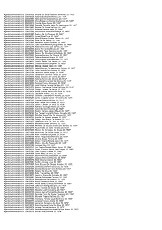 Agente Administrativo III; 224097709; Viviane Da Silva Valdevino Machado; 20; 1482º
Agente Administrativo III; 224019326; Tatiana Santos De Oliveira; 20; 1483º
Agente Administrativo III; 224030851; Fábio De Menezes Barbosa; 20; 1484º
Agente Administrativo III; 224020359; Osiris Nazareno Gomes Dos Santos; 20; 1485º
Agente Administrativo III; 224006515; Priscila Bispo Souza; 20; 1486º
Agente Administrativo III; 224119945; Graciele Carvalho Vieira Do Nascimento; 20; 1487º
Agente Administrativo III; 224116497; Renata De Souza Da Silva; 20; 1488º
Agente Administrativo III; 224112003; Rubens Santana Mello; 20; 1489º
Agente Administrativo III; 224127589; Vitor Andrel Moreira De França; 20; 1490º
Agente Administrativo III; 224051887; Suelen Da C A Tavares; 20; 1491º
Agente Administrativo III; 224048371; Jonas Silva Pinna; 20; 1492º
Agente Administrativo III; 224082604; Maria Eduarda Crivella Távora; 20; 1493º
Agente Administrativo III; 224060345; Erick De Sa Santos; 20; 1494º
Agente Administrativo III; 224027845; Fernanda Vianna Tavares; 20; 1495º
Agente Administrativo III; 224052731; João Paulo Mendonça Figueiredo; 20; 1496º
Agente Administrativo III; 224112074; Natanael Firmino Dos Santos; 20; 1497º
Agente Administrativo III; 224133534; Biatriz Fernandes Mouta; 20; 1498º
Agente Administrativo III; 224017907; Samir De Paula Nascimento; 20; 1499º
Agente Administrativo III; 224104025; Daiane Da Silva Coelho De Mello; 20; 1500º
Agente Administrativo III; 224073636; Rayane Barretos De Oliveira; 20; 1501º
Agente Administrativo III; 224102632; Tatiane Batista Câmara; 20; 1502º
Agente Administrativo III; 224027914; Vitor Augusto Viana Monteiro; 20; 1503º
Agente Administrativo III; 224024423; Cassia Ramos Dos Santos; 20; 1504º
Agente Administrativo III; 224134473; Cristiano Ferreira Wyterlin; 20; 1505º
Agente Administrativo III; 224067260; Mônica Oliveira Vieira; 20; 1506º
Agente Administrativo III; 224053000; Jediel Rodrigo Do Nascimento Porfirio; 20; 1507º
Agente Administrativo III; 224072761; Lívia Cardozo Dos Santos; 20; 1508º
Agente Administrativo III; 224003754; Leonardo Varela Araujo; 20; 1509º
Agente Administrativo III; 224023055; Janderson De Paula Farias; 20; 1510º
Agente Administrativo III; 224129595; Nataly Sequeira De Lanna; 20; 1511º
Agente Administrativo III; 224008925; Tatiana Ferreira De Oliveira; 20; 1512º
Agente Administrativo III; 224015287; Ana Maria Fernandes Da Silveira; 20; 1513º
Agente Administrativo III; 224019550; Rodrigo Pereira Meneguci; 20; 1514º
Agente Administrativo III; 224027135; Ligia Cristina Ferreira Da Silva; 20; 1515º
Agente Administrativo III; 224001573; Bianca Dos Santos Drolhe Da Costa; 20; 1516º
Agente Administrativo III; 224052266; Thiago Tavares De Barros; 20; 1517º
Agente Administrativo III; 224079429; Elaine Cristina Barbosa Da Silva; 20; 1518º
Agente Administrativo III; 224080222; Jaqueline Rufino Cruz; 20; 1519º
Agente Administrativo III; 224085121; Danielle Cristina Neves Padilha; 20; 1520º
Agente Administrativo III; 224034251; Carlos Augusto Santos Fernandes; 20; 1521º
Agente Administrativo III; 224087267; Luanne Santos Da Silva; 20; 1522º
Agente Administrativo III; 224057654; Allan Felipe Silva Gomes; 20; 1523º
Agente Administrativo III; 224007325; Laiane Camões Da Silva; 20; 1524º
Agente Administrativo III; 224038824; Nathália Madruga Ribeiro; 20; 1525º
Agente Administrativo III; 224005351; Isabel Santanna Santos; 20; 1526º
Agente Administrativo III; 224044099; Beatriz Campos Lázaro Miguel; 20; 1527º
Agente Administrativo III; 224072190; Ana Paula Ferreira De Sousa Carvalho; 20; 1528º
Agente Administrativo III; 224058499; Elda De Souza Tuler De Miranda; 20; 1529º
Agente Administrativo III; 224096735; Priscila Da Sylveira Moraes; 20; 1530º
Agente Administrativo III; 224001764; Thiago José Araujo De Almeida; 20; 1531º
Agente Administrativo III; 224030907; Jefferson Lucas Da Cruz; 20; 1532º
Agente Administrativo III; 224044676; Macilene Gomes Barbosa; 20; 1533º
Agente Administrativo III; 224074454; Michelle De Souza Carvalho Dos Santos; 20; 1534º
Agente Administrativo III; 224012714; Paulo Victor De Mello Tavares; 20; 1535º
Agente Administrativo III; 224017289; Maicon Da Conceição De Souza; 20; 1536º
Agente Administrativo III; 224077854; Paulo Vitor De Souza Fontes; 20; 1537º
Agente Administrativo III; 224002588; Allan Santana Gonçalves; 20; 1538º
Agente Administrativo III; 224089058; Renan Nogueira Damasceno; 20; 1539º
Agente Administrativo III; 224065188; Viviane Souza Pereira; 20; 1540º
Agente Administrativo III; 224117005; Wilson Vicente Pereira Júnior; 20; 1541º
Agente Administrativo III; 224116882; Shirley Silva De Figueiredo; 20; 1542º
Agente Administrativo III; 224091192; Luciane Silva; 20; 1543º
Agente Administrativo III; 224065717; Luiz Carlos Dantas Ribeiro Junior; 20; 1544º
Agente Administrativo III; 224038110; Carlos Eduardo Barros Das Chagas; 20; 1545º
Agente Administrativo III; 224101392; Clara Fortino Guedes; 20; 1546º
Agente Administrativo III; 224081894; Daniel Melo Da Silva; 20; 1547º
Agente Administrativo III; 224106351; Maximiliam Viscasillas Nath; 20; 1548º
Agente Administrativo III; 224082641; Jéssica Monnerat Macedo; 20; 1549º
Agente Administrativo III; 224134479; Mark Stephan Cabral; 20; 1550º
Agente Administrativo III; 224017451; Rui De Almeida Lima; 20; 1551º
Agente Administrativo III; 224070627; Carla Suzana De Oliveira Arouche; 20; 1552º
Agente Administrativo III; 224027299; Damião Laurentino De Souza; 20; 1553º
Agente Administrativo III; 224091457; Daniele Bruna De Farias Simeão; 20; 1554º
Agente Administrativo III; 224055124; Natalia Da Silva; 20; 1555º
Agente Administrativo III; 224118629; Érika França Dias; 20; 1556º
Agente Administrativo III; 224012870; Leandro Soares De Andrade; 20; 1557º
Agente Administrativo III; 224099991; Debora Guimaraes Cardoso; 20; 1558º
Agente Administrativo III; 224129339; Raoni Kodos De Azevedo; 20; 1559º
Agente Administrativo III; 224053806; Bruno Dantas Da Silva; 20; 1560º
Agente Administrativo III; 224138410; Nicole Abreu Queiroz De Almeida; 20; 1561º
Agente Administrativo III; 224001534; Jefferson Rodrigues Lopes; 20; 1562º
Agente Administrativo III; 224018058; Renan Santos De Souza; 20; 1563º
Agente Administrativo III; 224017946; Marcelo Luiz Felicio Lima; 20; 1564º
Agente Administrativo III; 224099105; Lislene Jacira Thomaz Dos Santos; 20; 1565º
Agente Administrativo III; 224110606; Samylla Fracis De Souza Figueiredo; 20; 1566º
Agente Administrativo III; 224138083; Michelle Trajano Da Silva; 20; 1567º
Agente Administrativo III; 224111785; Andressa Ferreira Couto Sant Ana; 20; 1568º
Agente Administrativo III; 224058411; Jonatas Fonseca Costa; 20; 1569º
Agente Administrativo III; 224064669; Leonardo Gonçalves Da Silva; 20; 1570º
Agente Administrativo III; 224118815; Briani Vanesca Peclat Da Silva; 20; 1571º
Agente Administrativo III; 224088674; Larissa Feitosa Bandeira; 20; 1572º
Agente Administrativo III; 224071428; Paola Manoela Gonçalves Da Silva Antelo; 20; 1573º
Agente Administrativo III; 224056119; Bruna Lima De Paiva; 20; 1574º
 