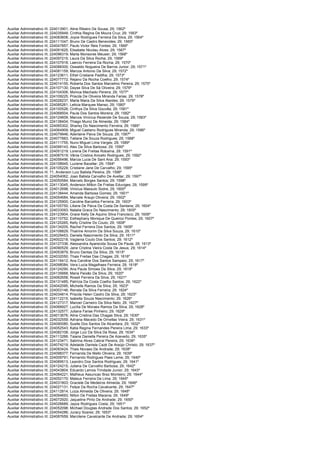Auxiliar Administrativo III; 224013901; Aline Ribeiro De Sousa; 29; 1562º
Auxiliar Administrativo III; 224035949; Cínthia Regina De Moura Cruz; 29; 1563º
Auxiliar Administrativo III; 224083608; Joyce Rodrigues Ferreira Da Silva; 29; 1564º
Auxiliar Administrativo III; 224111047; Bruno De Castro Benevides; 29; 1565º
Auxiliar Administrativo III; 224047857; Paulo Victor Reis Fontes; 29; 1566º
Auxiliar Administrativo III; 224091625; Elisabete Nicolau Alves; 29; 1567º
Auxiliar Administrativo III; 224096319; Marta Monsores Meuser; 29; 1568º
Auxiliar Administrativo III; 224097215; Laura Da Silva Rocha; 29; 1569º
Auxiliar Administrativo III; 224107918; Laercio Ferreira Da Rocha; 29; 1570º
Auxiliar Administrativo III; 224088300; Oswaldo Nogueira De Barros Junior; 29; 1571º
Auxiliar Administrativo III; 224081159; Marcos Antonio Da Silva; 29; 1572º
Auxiliar Administrativo III; 224123611; Ethel Cristiane Padilha; 29; 1573º
Auxiliar Administrativo III; 224077772; Rejano Da Rocha Coelho; 29; 1574º
Auxiliar Administrativo III; 224014155; Roberta Dos Santos Marcelino Pereira; 29; 1575º
Auxiliar Administrativo III; 224107130; Dayse Silva De Sá Oliveira; 29; 1576º
Auxiliar Administrativo III; 224104306; Monica Machado Pereira; 29; 1577º
Auxiliar Administrativo III; 224109225; Priscila De Oliveira Miranda Farias; 29; 1578º
Auxiliar Administrativo III; 224028237; Marta Maria Da Silva Atantes; 29; 1579º
Auxiliar Administrativo III; 224085261; Leticia Marques Manso; 29; 1580º
Auxiliar Administrativo III; 224100526; Cinthya Da Silva Gouvêa; 29; 1581º
Auxiliar Administrativo III; 224068504; Paula Dos Santos Moreira; 29; 1582º
Auxiliar Administrativo III; 224124609; Marcos Vinícius Rezende De Souza; 29; 1583º
Auxiliar Administrativo III; 224138404; Thiago Muniz De Almeida; 29; 1584º
Auxiliar Administrativo III; 224065302; Sharisy Do Nascimento Ferreira; 29; 1585º
Auxiliar Administrativo III; 224064909; Miguel Caetano Rodrigues Miranda; 29; 1586º
Auxiliar Administrativo III; 224079946; Aderlaine Paiva De Souza; 29; 1587º
Auxiliar Administrativo III; 224077883; Tatiane De Souza Rodrigues; 29; 1588º
Auxiliar Administrativo III; 224111755; Nuno Miguel Lima Varges; 29; 1589º
Auxiliar Administrativo III; 224099143; Alex Da Silva Barbosa; 29; 1590º
Auxiliar Administrativo III; 224051219; Lorena De Freitas Robaína; 29; 1591º
Auxiliar Administrativo III; 224087519; Vânia Cristina Aniceto Rodrigues; 29; 1592º
Auxiliar Administrativo III; 224056496; Marcia Lucia De Sant Ana; 29; 1593º
Auxiliar Administrativo III; 224108945; Luciene Bacellar; 29; 1594º
Auxiliar Administrativo III; 224105229; Cristiane Jane De Carvalho; 29; 1595º
Auxiliar Administrativo III; 71; Anderson Luiz Batista Pereira; 29; 1596º
Auxiliar Administrativo III; 224054062; Joao Batista Carvalho De Avellar; 29; 1597º
Auxiliar Administrativo III; 224050584; Marcelo Borges Santos; 29; 1598º
Auxiliar Administrativo III; 224113045; Anderson Milton De Freitas Eduviges; 29; 1599º
Auxiliar Administrativo III; 224012698; Vinicius Massulo Sodre; 29; 1600º
Auxiliar Administrativo III; 224138444; Amanda Barbosa Gomes; 29; 1601º
Auxiliar Administrativo III; 224054684; Marcele Araujo Oliveira; 29; 1602º
Auxiliar Administrativo III; 224125900; Caroline Barcellos Ferreira; 29; 1603º
Auxiliar Administrativo III; 224105750; Liliane De Paiva Da Costa De Santana; 29; 1604º
Auxiliar Administrativo III; 224033093; Natalia Graca Do Nascimento; 29; 1605º
Auxiliar Administrativo III; 224123904; Grace Kelly De Aquino Silva Francisco; 29; 1606º
Auxiliar Administrativo III; 224110752; Esthephany Monique De Queiroz Pontes; 29; 1607º
Auxiliar Administrativo III; 224120265; Kelly Crisitne Do Couto; 29; 1608º
Auxiliar Administrativo III; 224134205; Rachel Ferreira Dos Santos; 29; 1609º
Auxiliar Administrativo III; 224108829; Thairine Amorim Da Silva Souza; 29; 1610º
Auxiliar Administrativo III; 224029453; Daniela Nascimento Da Silva; 29; 1611º
Auxiliar Administrativo III; 224002218; Vaglania Couto Dos Santos; 29; 1612º
Auxiliar Administrativo III; 224127336; Alessandra Aparecida Sousa De Paula; 29; 1613º
Auxiliar Administrativo III; 224090529; Jane Cristina Vieira Costa De Jesus; 29; 1614º
Auxiliar Administrativo III; 224053879; Bruno Dantas Da Silva; 29; 1615º
Auxiliar Administrativo III; 224032050; Thais Freitas Das Chagas; 29; 1616º
Auxiliar Administrativo III; 224116412; Ana Caroline Dos Santos Sampaio; 29; 1617º
Auxiliar Administrativo III; 224098084; Vera Lucia Magalhaes Ferreira; 29; 1618º
Auxiliar Administrativo III; 224124290; Ana Paula Simoes Da Silva; 29; 1619º
Auxiliar Administrativo III; 224135668; Maria Paixão Da Silva; 29; 1620º
Auxiliar Administrativo III; 224062658; Roseli Ferreira Da Silva; 29; 1621º
Auxiliar Administrativo III; 224131485; Patrícia Da Costa Coelho Santos; 29; 1622º
Auxiliar Administrativo III; 224042095; Michelle Ramos Da Silva; 29; 1623º
Auxiliar Administrativo III; 224003146; Renata Da Silva Ferreira; 29; 1624º
Auxiliar Administrativo III; 224034814; Priscila Helen Castro Da Silva; 29; 1625º
Auxiliar Administrativo III; 224112215; Isabella Souza Nascimento; 29; 1626º
Auxiliar Administrativo III; 224127317; Manoel Carneiro Da Silva Neto; 29; 1627º
Auxiliar Administrativo III; 224068927; Lucília De Moraes Ramos Da Silva; 29; 1628º
Auxiliar Administrativo III; 224132577; Juliana Farias Pinheiro; 29; 1629º
Auxiliar Administrativo III; 224013676; Aline Cristina Das Chagas Silva; 29; 1630º
Auxiliar Administrativo III; 224032559; Adriana Macedo De Ornellas Vieira; 29; 1631º
Auxiliar Administrativo III; 224090080; Suelle Dos Santos De Alcantara; 29; 1632º
Auxiliar Administrativo III; 224052543; Katia Regina Fernandes Pereira Lima; 29; 1633º
Auxiliar Administrativo III; 224082108; Jorge Luiz Da Silva Da Rosa; 29; 1634º
Auxiliar Administrativo III; 224113266; Taiana Daniella Pereira De Azevedo; 29; 1635º
Auxiliar Administrativo III; 224123471; Sabrina Alves Cabral Pereira; 29; 1636º
Auxiliar Administrativo III; 224074219; Adelaide Daniela Cazé De Araújo Christo; 29; 1637º
Auxiliar Administrativo III; 224083424; Thais Novaes De Andrade; 29; 1638º
Auxiliar Administrativo III; 224098377; Fernanda De Mello Oliveira; 29; 1639º
Auxiliar Administrativo III; 224009791; Fernando Rodrigues Paes Leme; 29; 1640º
Auxiliar Administrativo III; 224089513; Leandro Dos Santos Rodrigues; 29; 1641º
Auxiliar Administrativo III; 224124215; Juliana De Carvalho Barbosa; 29; 1642º
Auxiliar Administrativo III; 224043804; Eduardo Lemos Trindade Junior; 29; 1643º
Auxiliar Administrativo III; 224084221; Matheus Assuncao Braz Monteiro; 29; 1644º
Auxiliar Administrativo III; 224052170; Mateus Ferreira De Lima; 29; 1645º
Auxiliar Administrativo III; 224031803; Graciele De Medeiros Almeida; 29; 1646º
Auxiliar Administrativo III; 224027131; Felipe Da Rocha Cavalcante; 29; 1647º
Auxiliar Administrativo III; 224112814; Luiza Almeida De Oliveira; 29; 1648º
Auxiliar Administrativo III; 224094693; Nilton De Freitas Macena; 29; 1649º
Auxiliar Administrativo III; 224072920; Jaqueline Pinto De Andrade; 29; 1650º
Auxiliar Administrativo III; 224026689; Jayce Rodrigues Costa; 29; 1651º
Auxiliar Administrativo III; 224052098; Michael Douglas Andrade Dos Santos; 29; 1652º
Auxiliar Administrativo III; 224054286; Juracy Soares; 29; 1653º
Auxiliar Administrativo III; 224087659; Marcilene Cavalcante De Andrade; 29; 1654º
 