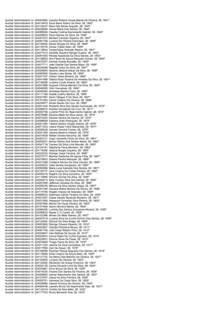 Auxiliar Administrativo III; 224002963;   Claudia Wellyne Sousa Maciel De Oliveira; 28; 1841º
Auxiliar Administrativo III; 224014979;   Edna Maria Sotero Da Silva; 28; 1842º
Auxiliar Administrativo III; 224130437;   Mara Das Neves Augusto; 28; 1843º
Auxiliar Administrativo III; 224028082;   Vanea Maria Dos Santos; 28; 1844º
Auxiliar Administrativo III; 224066540;   Claudia Cristina Sacramento Gabriel; 28; 1845º
Auxiliar Administrativo III; 224058853;   Paulo Ramos Da Silva; 28; 1846º
Auxiliar Administrativo III; 224061672;   Barbara Cardoso Siqueira; 28; 1847º
Auxiliar Administrativo III; 224061708;   Luciana De Oliveira Domingos; 28; 1848º
Auxiliar Administrativo III; 224109093;   Renan Borges Da Silva; 28; 1849º
Auxiliar Administrativo III; 224130725;   Ednea Toledo Neto; 28; 1850º
Auxiliar Administrativo III; 224116644;   Taniacristina Andrade Ribeiro; 28; 1851º
Auxiliar Administrativo III; 224077415;   Danielle Siqueira Rangel Suzano; 28; 1852º
Auxiliar Administrativo III; 224061650;   Renata Aparecida Da Silva Santos; 28; 1853º
Auxiliar Administrativo III; 224138823;   Ana Flávia De Souza Marques Homen; 28; 1854º
Auxiliar Administrativo III; 224074257;   Daniele Duarte Brandão; 28; 1855º
Auxiliar Administrativo III; 224077711;   João Gabriel Dos Santos Bispo; 28; 1856º
Auxiliar Administrativo III; 224036398;   Magdiel Dutra Da Silva; 28; 1857º
Auxiliar Administrativo III; 224005854;   Apoena Jéssica Aráujo Da Silva; 28; 1858º
Auxiliar Administrativo III; 224095500;   Claudio Lobo Borba; 28; 1859º
Auxiliar Administrativo III; 224031747;   Cleiton Vieira Moreira; 28; 1860º
Auxiliar Administrativo III; 224041989;   Valeria Rosa Teixeira De Almeida Da Silva; 28; 1861º
Auxiliar Administrativo III; 224136286;   Lucilene Couto Amaral; 28; 1862º
Auxiliar Administrativo III; 224041868;   Augusto Feitoza Mariano Da Silva; 28; 1863º
Auxiliar Administrativo III; 224046909;   Vitor Goncalves; 28; 1864º
Auxiliar Administrativo III; 224050565;   Andressa Martins Faria; 28; 1865º
Auxiliar Administrativo III; 224111189;   Giselle Coelho Martins; 28; 1866º
Auxiliar Administrativo III; 224027597;   Denis Gleigue R Da Silva; 28; 1867º
Auxiliar Administrativo III; 224101463;   Carine Caitano De Oliveira; 28; 1868º
Auxiliar Administrativo III; 224034977;   Kerlen Bazilio Da Cruz; 28; 1869º
Auxiliar Administrativo III; 224001440;   Rosilene Silva Dos Santos Guimaraes; 28; 1870º
Auxiliar Administrativo III; 224098672;   Andreia Gonçalves Da Cruz; 28; 1871º
Auxiliar Administrativo III; 224002708;   Luciene Pinto Do Nascimento Gabriel; 28; 1872º
Auxiliar Administrativo III; 224076986;   Adriana Malta Da Silva Jamar; 28; 1873º
Auxiliar Administrativo III; 224074253;   Daniele Santos De Aquino; 28; 1874º
Auxiliar Administrativo III; 224098608;   Fabiana Izidio Rodrigues; 28; 1875º
Auxiliar Administrativo III; 224001284;   Tatiane Santos Vargas Soares; 28; 1876º
Auxiliar Administrativo III; 224071243;   Liliane Eloise Freire Mainardes; 28; 1877º
Auxiliar Administrativo III; 224006438;   Vanusa Ferreira Freitas; 28; 1878º
Auxiliar Administrativo III; 224041309;   Josiana Bezerra Passos; 28; 1879º
Auxiliar Administrativo III; 224073639;   Rafael Oliveira Noronha; 28; 1880º
Auxiliar Administrativo III; 224083121;   Hugo Leonardo Peres Da Silva; 28; 1881º
Auxiliar Administrativo III; 224055531;   Renan Wilson Dos Santos Nobre; 28; 1882º
Auxiliar Administrativo III; 224047718;   Tamara Da Silva Lima Mourão; 28; 1883º
Auxiliar Administrativo III; 224104181;   Stéphanie Paiva Monteiro; 28; 1884º
Auxiliar Administrativo III; 224118306;   Jessica Borges Siqueira; 28; 1885º
Auxiliar Administrativo III; 224032322;   Rodrigo Cesar Ferreira; 28; 1886º
Auxiliar Administrativo III; 224073777;   Marilisa Saldanha De Aguiar Filha; 28; 1887º
Auxiliar Administrativo III; 224079403;   Daiana Pereira Marques; 28; 1888º
Auxiliar Administrativo III; 224031088;   Cristiana Ramos Da Silva Claudio; 28; 1889º
Auxiliar Administrativo III; 224002023;   Celia Santos Gonçalves; 28; 1890º
Auxiliar Administrativo III; 224060566;   Maria Lucia Azevedo Dos Santos; 28; 1891º
Auxiliar Administrativo III; 224120727;   Vera Cristina De Freitas Pereira; 28; 1892º
Auxiliar Administrativo III; 224093419;   Rogério Da Silva Dorcelino; 28; 1893º
Auxiliar Administrativo III; 224116985;   Simone Gomes Da Silva; 28; 1894º
Auxiliar Administrativo III; 224094613;   Kelly Cristina Silva Dos Santos; 28; 1895º
Auxiliar Administrativo III; 224091089;   Jefferson Almeida Da Silva; 28; 1896º
Auxiliar Administrativo III; 224059335;   Mônica Da Silva Santos Vilaça; 28; 1897º
Auxiliar Administrativo III; 224061346;   Geziane Matos Moreira De Souza; 28; 1898º
Auxiliar Administrativo III; 224115784;   Angela Chaves De Azevedo; 28; 1899º
Auxiliar Administrativo III; 224099433;   Adelmara Calixto Teixeira Da Silva; 28; 1900º
Auxiliar Administrativo III; 224031957;   Gisele Dantas Rezende Monteiro; 28; 1901º
Auxiliar Administrativo III; 224031806;   Heliaquim Fernando Silva Pereira; 28; 1902º
Auxiliar Administrativo III; 224007994;   Marlon De Paula Oliveira; 28; 1903º
Auxiliar Administrativo III; 224107484;   Iasmin Moreira Neves; 28; 1904º
Auxiliar Administrativo III; 224066300;   Ludmila Dos Santos Gonçalves Moreira; 28; 1905º
Auxiliar Administrativo III; 224089832;   Neyde C O Carelli; 28; 1906º
Auxiliar Administrativo III; 224102396;   Miriam De Mello Ramos; 28; 1907º
Auxiliar Administrativo III; 224007619;   Luciana Silva Da Cunha Porfirio Dos Santos; 28; 1908º
Auxiliar Administrativo III; 224125492;   Samuel Da Silva Braga; 28; 1909º
Auxiliar Administrativo III; 224053850;   Rodrigo Oliveira Ripardo; 28; 1910º
Auxiliar Administrativo III; 224003607;   Claudia Polichena Moura; 28; 1911º
Auxiliar Administrativo III; 224081746;   Julio Cesar Ribeiro Pinto; 28; 1912º
Auxiliar Administrativo III; 224029647;   Ines Mathias De Souza; 28; 1913º
Auxiliar Administrativo III; 224003972;   Carina Sales Da Cunha Cypriano; 28; 1914º
Auxiliar Administrativo III; 224024831;   Simone Alves De Paula; 28; 1915º
Auxiliar Administrativo III; 224074848;   Thiago Paiva Da Silva; 28; 1916º
Auxiliar Administrativo III; 224071353;   Joelma Da Silva Gonçalves; 28; 1917º
Auxiliar Administrativo III; 224017906;   Ivan De Araujo; 28; 1918º
Auxiliar Administrativo III; 224108398;   Rosimeri Roque Nogueira Dos Santos; 28; 1919º
Auxiliar Administrativo III; 224119949;   Elida Cristina De Souza Melo; 28; 1920º
Auxiliar Administrativo III; 224121722;   Iria Maria Dias Marinho De Oliveira; 28; 1921º
Auxiliar Administrativo III; 224105834;   Luciano De Oliveira; 28; 1922º
Auxiliar Administrativo III; 224132292;   Alexandro De Araujo Antonino; 28; 1923º
Auxiliar Administrativo III; 224034139;   Carlos Eduardo Lima Da Silva; 28; 1924º
Auxiliar Administrativo III; 224024861;   Erica Souza Da Silva; 28; 1925º
Auxiliar Administrativo III; 224010420;   Viviane Dos Santos De Oliveira; 28; 1926º
Auxiliar Administrativo III; 224009840;   Izamar Nascimento Dos Santos; 28; 1927º
Auxiliar Administrativo III; 224107057;   Joana Da Silva Ferreira; 28; 1928º
Auxiliar Administrativo III; 224050761;   Vanessa Da Costa Silva; 28; 1929º
Auxiliar Administrativo III; 224028990;   Gabriel Vinícius De Oliveira; 28; 1930º
Auxiliar Administrativo III; 224080438;   Leandro Bruno Do Nascimento Dias; 28; 1931º
Auxiliar Administrativo III; 224132419;   Cinthia Da Silva Melo; 28; 1932º
Auxiliar Administrativo III; 224117703;   Bruno Bernardo Rua; 28; 1933º
 