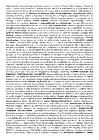 Poder Judiciário: disposições gerais; tribunais superiores; Supremo Tribunal Federal; Superior Tribunal de
Justiça; Tribunal Superior Eleitoral, Tribunais Regionais Eleitorais e Juízes Eleitorais. Funções essenciais à
Justiça: Ministério Público; Advocacia Pública; Advocacia e Defensoria Pública. Ordem social (Disposições
Gerais e Seguridade Social). Mandado de Segurança. DIREITO ADMINISTRATIVO - Administração pública:
conceitos, elementos, poderes e organização; natureza, fins e princípios. Organização administrativa da
União: administração direta e indireta. Servidores públicos: poderes, deveres e prerrogativas; cargo,
emprego e função públicos. Serviços públicos: conceito, classificação, regulamentação, forma e
competência de prestação. Controle e responsabilização da administração: controle administrativo;
controle judicial; responsabilidade civil do Estado. Atos Administrativos: conceito; requisitos; atributos.
Licitação: conceito, objeto, finalidades e princípios, obrigatoriedade, dispensa, inexigibilidade, modalidades
e tipos, inclusive Pregão na forma da Lei nº 10.520/2002 e Decretos nºs 3.555/2000 e 5.450/2005.
Contratos Administrativos: conceito; características. Inexecução do contrato: rescisões e sanções. Bens
Públicos: conceito, classificação e administração. Aquisição de bens pela administração. Alienação,
imprescritibilidade, impenhorabilidade e não oneração dos bens públicos. Desapropriação. Processo
Administrativo: normas básicas no âmbito da Administração Federal (Lei nº 9.784/2009). DIREITO
ELEITORAL - Conceito e fontes. Código Eleitoral (Lei nº 4.737/1965 e alterações posteriores): Introdução;
Dos órgãos da Justiça Eleitoral; Dos recursos (Disposições preliminares). Resolução TSE nº 21.538/2003 e
alterações posteriores. Lei de Inelegibilidade (Lei Complementar nº 64/1990 e alterações posteriores): arts.
2º; 3º; 15 a 22; 24 e 25. Lei dos Partidos Políticos (Lei nº 9.096/1995 e alterações posteriores): Disposições
preliminares; Da organização e funcionamento dos partidos políticos (Da criação e do registro dos partidos
políticos; Da filiação partidária; Da fusão, incorporação e extinção dos partidos políticos); Das finanças e
contabilidade dos partidos (Da prestação de contas); Do acesso gratuito ao rádio e à televisão. Lei das
Eleições (Lei nº 9.504/1997 e alterações posteriores): Disposições gerais; Das coligações; Das convenções
para a escolha de candidatos; Do registro de candidatos; Da arrecadação e da aplicação de recursos nas
campanhas eleitorais; Da prestação de contas; Da propaganda eleitoral em geral; Da propaganda eleitoral
na imprensa; Da propaganda eleitoral no rádio e na televisão; Do direito de resposta; Do sistema eletrônico
de votação e da totalização dos votos; Das condutas vedadas aos agentes públicos em campanhas
eleitorais; Disposições finais. Lei nº 6.091/1974 e alterações posteriores. NORMAS APLICÁVEIS AOS
SERVIDORES PÚBLICOS FEDERAIS (LEI 8.112/90) - Regime Jurídico dos Servidores Públicos Civis da União e
alterações: Das disposições preliminares; Do provimento, vacância; do direito de petição. Do regime
disciplinar: dos deveres e proibições; da acumulação; das responsabilidades; das penalidades; do processo
administrativo disciplinar. ADMINISTRAÇÃO PÚBLICA - Características básicas das organizações formais
modernas: tipos de estrutura organizacional, natureza, finalidades e critérios de departamentalização.
Processo organizacional: planejamento, direção, comunicação, controle e avaliação. Gestão de processos.
Gestão da Qualidade. Gestão de Projetos. Planejamento Estratégico. Gestão de Riscos. Auditoria Interna.
Excelência nos serviços públicos. Empreendedorismo governamental e novas lideranças no setor público.
Gestão de resultados na produção de serviços públicos. Convergências e diferenças entre a gestão pública
e a gestão privada. O paradigma do cliente na gestão pública. Estrutura administrativa: entidades políticas
e administrativas; órgãos e agentes públicos. Atividade administrativa: conceito; natureza e fins; princípios
básicos; poderes e deveres do administrador público. Poderes Administrativos: vinculado; discricionário;
hierárquico; disciplinar; regulamentar; e de polícia. Uso e abuso do poder. Administração de Recursos
Materiais: Funções e objetivos da administração de materiais; classificação e especificação de materiais;
compras; registros; cadastro de fornecedores; acompanhamento de pedidos. ADMINISTRAÇÃO
FINANCEIRA E ORÇAMENTÁRIA - Orçamento Público: conceitos e princípios. Orçamento público no Brasil.
Orçamento-programa. Planejamento no orçamento-programa. Ciclo Orçamentário: elaboração, aprovação,
execução e avaliação. O Orçamento na Constituição da República de 1988. Conceituação e classificação de
receita pública. Classificação orçamentária de receita pública por categoria econômica no Brasil. Tipos de
créditos orçamentários. Processo de Planejamento-Orçamento: Plano Plurianual, Lei de Diretrizes
Orçamentárias e Lei Orçamentária Anual. Conceituação, Classificação e Despesas Públicas. Regime de
Adiantamento (Suprimento de Fundos). Restos a Pagar. Despesas de Exercícios Anteriores. Dívida Pública.
Créditos adicionais. Descentralização de Créditos. Lei nº 4.320/64. Decreto nº 93.872/86. Decreto-Lei nº
200/67. Lei Complementar nº 101/2000 (Lei de Responsabilidade Fiscal): definições, limites e controle das
despesas com pessoal; restos a pagar e relatórios de gestão fiscal. REGIMENTO INTERNO DO TREMG
                                                     21
 