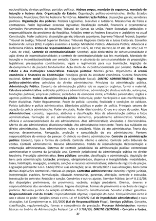 nacionalidade; direitos políticos; partidos políticos. Habeas corpus, mandado de segurança, mandado de
injunção e habeas data. Organização do Estado: Organização político-administrativa; União; Estados
federados; Municípios; Distrito Federal e Territórios. Administração Pública: disposições gerais; servidores
públicos. Organização dos poderes: Poderes Legislativo, Executivo e Judiciário. Mecanismos de freios e
contrapesos. Poder legislativo: processo legislativo; fiscalização contábil, financeira e orçamentária;
Comissões Parlamentares de Inquérito; Tribunal de Contas da União. Poder Executivo: atribuições e
responsabilidades do presidente da República. Relações entre os Poderes Executivo e Legislativo na atual
Constituição. Poder Judiciário: disposições gerais; tribunais superiores; Supremo Tribunal Federal; Superior
Tribunal de Justiça; Tribunal Superior Eleitoral, Tribunais Regionais Eleitorais e Juízes Eleitorais. Conselho
Nacional de Justiça (CNJ). Funções essenciais à Justiça: Ministério Público; Advocacia Pública; Advocacia e
Defensoria Pública. Crimes de responsabilidade (Lei nº 1.079, de 1950; Decreto-lei nº 201, de 1957; Lei nº
7.106, de 1983). Controle de constitucionalidade: Sistemas; ação declaratória de constitucionalidade e
ação direta de inconstitucionalidade; o controle de constitucionalidade das leis municipais. Mandado de
injunção e inconstitucionalidade por omissão. Exame in abstracto da constitucionalidade de proposições
legislativas: pressupostos constitucionais, legais e regimentais para sua tramitação. Argüição de
descumprimento de preceito fundamental. Ação direta de inconstitucionalidade por omissão. Defesa do
Estado e das instituições democráticas. Finanças públicas: Normas gerais. Orçamentos. A ordem
econômica e financeira na Constituição: Princípios gerais da atividade econômica. Sistema financeiro
nacional. Ordem social (Disposições Gerais e Seguridade Social). DIREITO ADMINISTRATIVO - Regime
jurídico-administrativo: princípios do direito administrativo. Princípios da administração pública.
Administração Pública: Conceito de administração pública sob os aspectos orgânico, formal e material.
Estrutura administrativa: entidades políticas e administrativas; administração direta e indireta; autarquias;
fundações públicas; empresas públicas; sociedades de economia mista; entidades paraestatais; órgãos e
agentes públicos. Poderes da administração pública: hierarquia; poder hierárquico e suas manifestações.
Poder disciplinar. Poder Regulamentar. Poder de polícia: conceito, finalidade e condições de validade.
Polícia judiciária e polícia administrativa. Liberdades públicas e poder de polícia. Principais setores de
atuação da polícia administrativa. Poder vinculado. Poder discricionário. O uso e o abuso do poder. Atos
Administrativos: conceito; requisitos; atributos e classificação. Atos da administração pública e fatos
administrativos. Formação do ato administrativo: elementos, procedimento administrativo. Validade,
eficácia e autoexecutoriedade do ato administrativo. Atos administrativos vinculados e discricionários.
Mérito do ato administrativo; discricionariedade. Ato administrativo inexistente. Teoria das nulidades no
direito administrativo. Atos administrativos nulos e anuláveis. Vícios do ato administrativo. Teoria dos
motivos determinantes. Revogação, anulação e convalidação do ato administrativo. Parecer:
responsabilidade do emissor do parecer. O silêncio no direito administrativo. Controle da administração
pública: Conceito, tipos e formas de controle. Controle interno e externo. Controle pelos tribunais de
contas. Controle administrativo. Recurso administrativo. Pedido de reconsideração. Representação e
reclamação administrativas. Sistemas de controle jurisdicional da administração pública: contencioso
administrativo e sistema da jurisdição una. Controle jurisdicional da administração pública no direito
brasileiro. Prescrição administrativa. Bens públicos: conceito, classificação e administração. Aquisição de
bens pela administração. Licitação: princípios, obrigatoriedade, dispensa e inexigibilidade, modalidades,
fases, habilitação, revogação, anulação, sanções e recursos administrativos; sistema de registro de preços.
Legislação pertinente: Lei n. 8.666/1993 e suas alterações; Lei n. 10.520/2002 e suas alterações, bem como
demais disposições normativas relativas ao pregão. Contratos Administrativos: conceito; regime jurídico,
interpretação, espécies, formalização, cláusulas necessárias, garantias, alteração, controle e execução.
Inexecução do contrato: Rescisão e sanção. Convênios e outros ajustes. Servidor Público: Lei nº 8.112/90:
das disposições preliminares; do provimento; vacância; estágio probatório. Direitos, deveres e
responsabilidades dos servidores públicos. Regime disciplinar. Formas de provimento e vacância de cargos
públicos. Natureza jurídica da relação estatutária. Preceitos constitucionais. Servidor efetivo: garantias.
Responsabilidade civil do Estado: responsabilidade objetiva; reparação do dano. Enriquecimento ilícito e
uso e abuso de poder. Sanções penais e civis. Lei nº 8.429/92 (Lei de improbidade administrativa) e suas
alterações. Lei Complementar n. 101/2000 (Lei de Responsabilidade Fiscal). Serviços públicos. Conceito,
classificação, regulamentação, formas e competência de prestação. Processo Administrativo: normas
básicas no âmbito da Administração Federal (Lei n.º 9.784/99). DIREITO ELEITORAL - Conceito e fontes.
                                                     27
 
