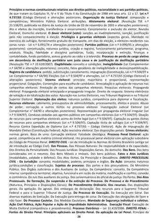 Princípios e normas constitucionais relativos aos direitos políticos, nacionalidade e aos partidos políticos,
de que tratam os Capítulos III, IV e V do Título II da Constituição de 1988 em seus arts. 12 a 17. Lei n.º
4.737/65 (Código Eleitoral) e alterações posteriores. Organização da Justiça Eleitoral: composição e
competências; Ministério Público Eleitoral: atribuições. Alistamento eleitoral: (Resolução TSE n.º
21.538/03, publicada no Diário da Justiça da União de 03 de novembro de 2003 e alterações posteriores);
Ato e efeitos da inscrição, transferência e encerramento. Cancelamento e exclusão do eleitor; Revisão
Eleitoral; Domicílio eleitoral. O dever eleitoral (voto): sanções ao inadimplemento, isenção, justificação
pelo não comparecimento à eleição. Privilégios e garantias eleitorais (aspectos gerais, liberdade no
exercício do sufrágio, fornecimento gratuito de transporte, em dias de eleição, a eleitores residentes nas
zonas rurais - Lei n.º 6.091/74 e alterações posteriores). Partidos políticos (Lei n.º 9.096/95 e alterações
posteriores): conceituação, natureza jurídica, criação e registro, funcionamento parlamentar, programa,
estatuto, filiação, fidelidade e disciplina partidárias, fusão, incorporação e extinção, finanças e
contabilidade, fundo partidário, acesso gratuito ao rádio e à televisão. Processo de perda de cargo eletivo
em decorrência de desfiliação partidária sem justa causa e de justificação de desfiliação partidária
(Resolução TSE n.º 22.610/2007). Elegibilidade: conceito e condições. Inelegibilidade (Lei Complementar
n.º 64/90 e alterações posteriores): conceito, fatos geradores de inelegibilidade e desincompatibilização.
Registro de candidatura: pedido, substituição, cancelamento, impugnação (Constituição, Lei n.º 9.504/97 e
Lei Complementar n.º 64/90) Eleições (Lei n.º 9.504/97 e alterações, Lei n.º 4.737/65 (Código Eleitoral) e
alterações posteriores). Sistema eleitoral: princípio majoritário e proporcional, representação
proporcional. Coligações. Convenções para escolha de candidatos. Arrecadação e aplicação de recursos nas
campanhas eleitorais. Prestação de contas das campanhas eleitorais. Pesquisas eleitorais. Propaganda
eleitoral. Propaganda eleitoral antecipada e propaganda irregular. Direito de resposta. Sistema eletrônico
de votação e da totalização dos votos. Apuração nas Juntas Eleitorais, nos Tribunais Regionais e no Tribunal
Superior Eleitoral. Diplomação dos eleitos: natureza jurídica, competência para diplomar e fiscalização.
Recursos eleitorais: cabimento, pressupostos de admissibilidade, processamento, efeitos e prazos. Abuso
de poder, corrupção e outros ilícitos no processo eleitoral. Investigação Judicial Eleitoral (Lei
Complementar n° 64/90 e alterações posteriores). Representação por propaganda eleitoral irregular (Lei
n.º 9.504/97). Condutas vedadas aos agentes públicos em campanhas eleitorais (Lei n.º 9.504/97). Doação
de recursos para campanhas eleitorais acima do limite legal (Lei n.º 9.504/97). Captação ou gastos ilícitos
de recursos para campanhas eleitorais (Lei n.º 9.504/97). Captação ilícita de sufrágio (Lei n.º 9.504/97).
Recurso Contra Expedição de Diploma (Lei n.º 4.737/65 – Código Eleitoral). Ação de Impugnação de
Mandato Eletivo (Constituição Federal). Ação rescisória eleitoral. Das disposições penais. Crimes eleitorais:
normas gerais. Boca de urna. Corrupção eleitoral. Falsidade ideológica. Processo Penal Eleitoral: ação
penal, competência em matéria criminal eleitoral, rito processual penal eleitoral com aplicação subsidiária
do Código de Processo Penal. DIREITO CIVIL - Lei de Introdução às Normas do Direito Brasileiro (antiga Lei
de introdução ao Código Civil). Das Pessoas. Das Pessoas Naturais: Da responsabilidade e da capacidade,
Dos Direitos da Personalidade. Das Pessoas Jurídicas: Disposições Gerais. Do domicílio. Dos Bens. Dos bens
considerados em si mesmos: Dos Bens Móveis e Imóveis. Dos bens públicos. Fatos e Atos Jurídicos
(modalidades, validade e defeitos). Dos Atos Ilícitos. Da Prescrição e Decadência. DIREITO PROCESSUAL
CIVIL - Da Jurisdição: conceito; modalidades; poderes; princípios e órgãos. Da Ação: conceito; natureza
jurídica;condições e classificação. Sujeitos do processo: Das partes e dos procuradores. Do Ministério
Público. Dos Órgãos Judiciários e dos Auxiliares de Justiça. Da Competência: conceito. Da Competência
interna: competência territorial, objetiva, funcional e em razão da matéria; modificação e conflito; conexão
e continência. Do Juiz.Dos auxiliares da justiça. Dos serventuários e do oficial de justiça. Do Perito. Dos Atos
Processuais. Da formação, Da suspensão e Da extinção do Processo. Do Processo e do Procedimento
(Natureza, Princípios e Disposições Gerais). Do Procedimento Ordinário. Dos recursos. Das disposições
gerais. Da apelação. Do agravo. Dos embargos de declaração. Dos recursos para o Supremo Tribunal
Federal e para o Superior Tribunal de Justiça. Do Processo de Execução. Da Execução em Geral. Das
diversas espécies de Execução. Da Execução para entrega de coisa. Da Execução das obrigações de fazer e
não fazer. Do Processo Cautelar. Das Medidas Cautelares. Mandado de Segurança individual e coletivo.
Ação Civil Pública, Ação Popular e Ação de Improbidade Administrativa. Execução Fiscal: Execução de
Multa Eleitoral (competência e procedimento). Processo Eletrônico – Lei 11.419/2006. DIREITO PENAL -
Fontes do Direito Penal. Princípios aplicáveis ao Direito Penal. Da aplicação da Lei Penal. Princípio da
                                                      28
 