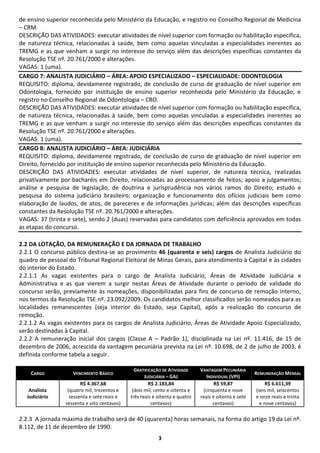 de ensino superior reconhecida pelo Ministério da Educação, e registro no Conselho Regional de Medicina
– CRM.
DESCRIÇÃO DAS ATIVIDADES: executar atividades de nível superior com formação ou habilitação específica,
de natureza técnica, relacionadas à saúde, bem como aquelas vinculadas a especialidades inerentes ao
TREMG e as que venham a surgir no interesse do serviço além das descrições específicas constantes da
Resolução TSE nº. 20.761/2000 e alterações.
VAGAS: 1 (uma).
CARGO 7: ANALISTA JUDICIÁRIO – ÁREA: APOIO ESPECIALIZADO – ESPECIALIDADE: ODONTOLOGIA
REQUISITO: diploma, devidamente registrado, de conclusão de curso de graduação de nível superior em
Odontologia, fornecido por instituição de ensino superior reconhecida pelo Ministério da Educação, e
registro no Conselho Regional de Odontologia – CRO.
DESCRIÇÃO DAS ATIVIDADES: executar atividades de nível superior com formação ou habilitação específica,
de natureza técnica, relacionadas à saúde, bem como aquelas vinculadas a especialidades inerentes ao
TREMG e as que venham a surgir no interesse do serviço além das descrições específicas constantes da
Resolução TSE nº. 20.761/2000 e alterações.
VAGAS: 1 (uma).
CARGO 8: ANALISTA JUDICIÁRIO – ÁREA: JUDICIÁRIA
REQUISITO: diploma, devidamente registrado, de conclusão de curso de graduação de nível superior em
Direito, fornecido por instituição de ensino superior reconhecida pelo Ministério da Educação.
DESCRIÇÃO DAS ATIVIDADES: executar atividades de nível superior, de natureza técnica, realizadas
privativamente por bacharéis em Direito, relacionadas ao processamento de feitos; apoio a julgamentos;
análise e pesquisa de legislação, de doutrina e jurisprudência nos vários ramos do Direito; estudo e
pesquisa do sistema judiciário brasileiro; organização e funcionamento dos ofícios judiciais bem como
elaboração de laudos, de atos, de pareceres e de informações jurídicas; além das descrições específicas
constantes da Resolução TSE nº. 20.761/2000 e alterações.
VAGAS: 37 (trinta e sete), sendo 2 (duas) reservadas para candidatos com deficiência aprovados em todas
as etapas do concurso.

2.2 DA LOTAÇÃO, DA REMUNERAÇÃO E DA JORNADA DE TRABALHO
2.2.1 O concurso público destina-se ao provimento 46 (quarenta e seis) cargos de Analista Judiciário do
quadro de pessoal do Tribunal Regional Eleitoral de Minas Gerais, para atendimento à Capital e às cidades
do interior do Estado.
2.2.1.1 As vagas existentes para o cargo de Analista Judiciário, Áreas de Atividade Judiciária e
Administrativa e as que vierem a surgir nestas Áreas de Atividade durante o período de validade do
concurso serão, previamente às nomeações, disponibilizadas para fins de concurso de remoção interno,
nos termos da Resolução TSE nº. 23.092/2009. Os candidatos melhor classificados serão nomeados para as
localidades remanescentes (seja interior do Estado, seja Capital), após a realização do concurso de
remoção.
2.2.1.2 As vagas existentes para os cargos de Analista Judiciário, Áreas de Atividade Apoio Especializado,
serão destinadas à Capital.
2.2.2 A remuneração inicial dos cargos (Classe A – Padrão 1), disciplinada na Lei nº. 11.416, de 15 de
dezembro de 2006, acrescida da vantagem pecuniária prevista na Lei nº. 10.698, de 2 de julho de 2003, é
definida conforme tabela a seguir.

                                               GRATIFICAÇÃO DE ATIVIDADE     VANTAGEM PECUNIÁRIA
    CARGO           VENCIMENTO BÁSICO                                                                 REMUNERAÇÃO MENSAL
                                                    JUDICIÁRIA – GAJ            INDIVIDUAL (VPI)
                        R$ 4.367,68                   R$ 2.183,84                   R$ 59,87               R$ 6.611,39
    Analista      (quatro mil, trezentos e    (dois mil, cento e oitenta e    (cinquenta e nove       (seis mil, seiscentos
   Judiciário      sessenta e sete reais e   três reais e oitenta e quatro   reais e oitenta e sete   e onze reais e trinta
                 sessenta e oito centavos)             centavos)                   centavos)            e nove centavos)

2.2.3 A jornada máxima de trabalho será de 40 (quarenta) horas semanais, na forma do artigo 19 da Lei nº.
8.112, de 11 de dezembro de 1990.
                                                          3
 