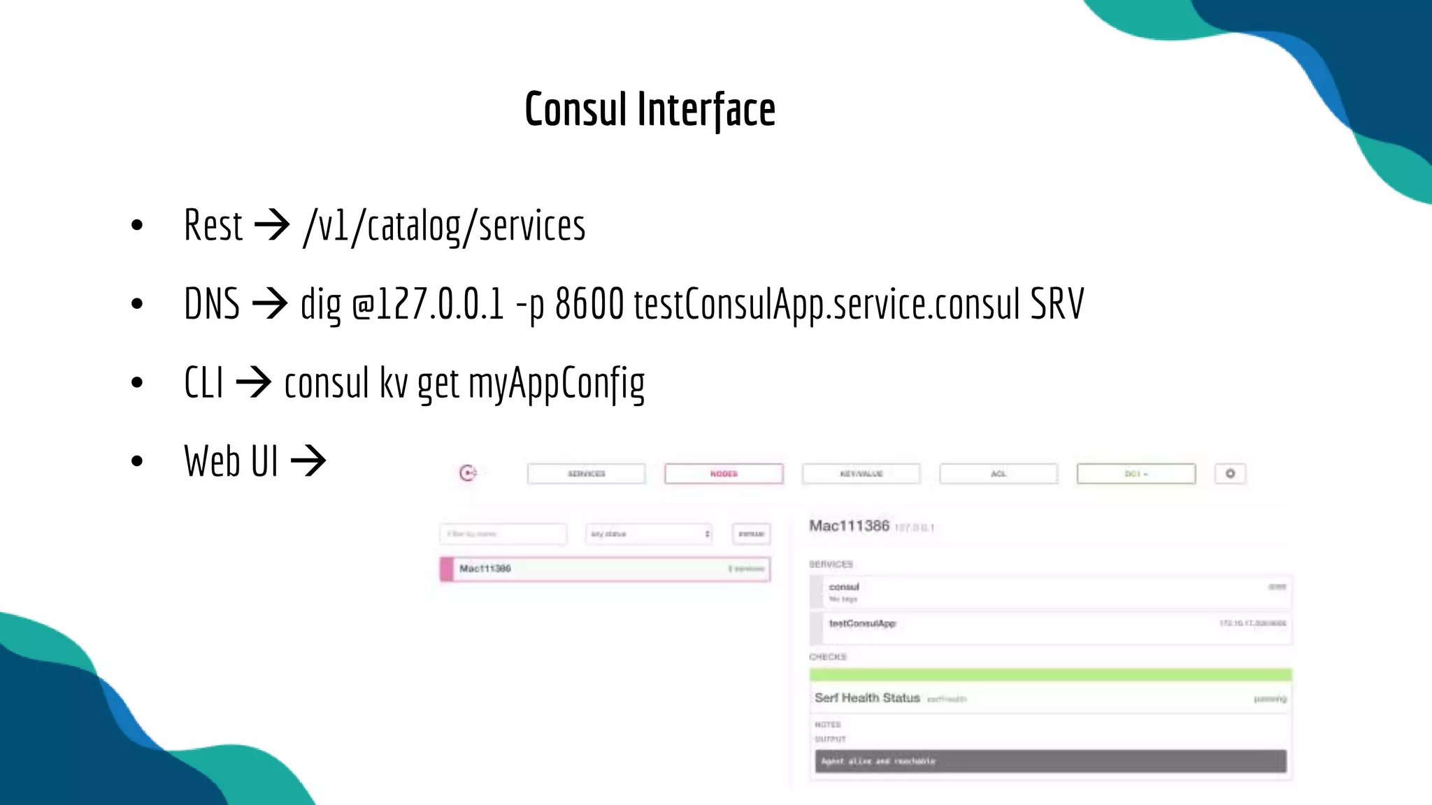 • Rest  /v1/catalog/services
• DNS  dig @127.0.0.1 -p 8600 testConsulApp.service.consul SRV
• CLI  consul kv get myAppConfig
• Web UI 
Consul Interface
 