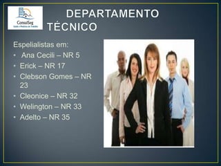 Espelialistas em:
• Ana Cecili – NR 5
• Erick – NR 17
• Clebson Gomes – NR
23
• Cleonice – NR 32
• Welington – NR 33
• Adelto – NR 35

 