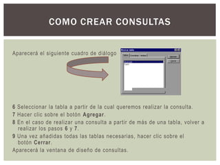 COMO CREAR CONSULTAS


Aparecerá el siguiente cuadro de diálogo




6 Seleccionar la tabla a partir de la cual queremos realizar la consulta.
7 Hacer clic sobre el botón Agregar.
8 En el caso de realizar una consulta a partir de más de una tabla, volver a
  realizar los pasos 6 y 7.
9 Una vez añadidas todas las tablas necesarias, hacer clic sobre el
  botón Cerrar.
Aparecerá la ventana de diseño de consultas.
 