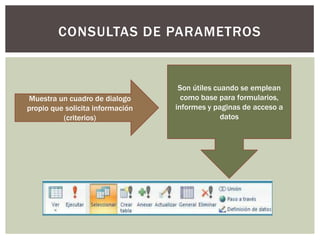 CONSULTAS DE PARAMETROS


                                   Son útiles cuando se emplean
Muestra un cuadro de dialogo        como base para formularios,
propio que solicita información   informes y paginas de acceso a
          (criterios)                           datos
 