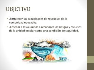 OBJETIVO
• .Fortalecer las capacidades de respuesta de la
comunidad educativa.
• .Enseñar a los alumnos a reconocer los riesgos y recursos
de la unidad escolar como una condición de seguridad.
 