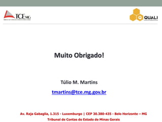 Av. Raja Gabaglia, 1.315 - Luxemburgo | CEP 30.380-435 - Belo Horizonte – MG
Tribunal de Contas do Estado de Minas Gerais
Muito Obrigado!
Túlio M. Martins
tmartins@tce.mg.gov.br
 