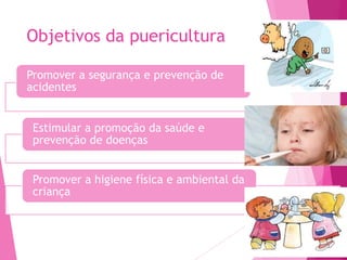 Objetivos da puericultura
Promover a segurança e prevenção de
acidentes
Estimular a promoção da saúde e
prevenção de doenças
Promover a higiene física e ambiental da
criança
 