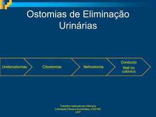 Ostomias de Eliminação
                   Urinárias


                                                                 Conducto
Ureterostomias   Citostomias                   Nefrostomia        ileal ou
                                                                 colónico




                            Trabalho realizado por Mariana
                        Liberdade Oliveira Guimarães, nº22108,
                                          UFP
 