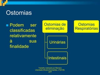 Ostomias
   Podem ser               Ostomias de                    Ostomias
                             eliminação                   Respiratórias
    classificadas
    relativamente
    à          sua                 Urinárias
    finalidade

                                 Intestinais

                     Trabalho realizado por Mariana
                 Liberdade Oliveira Guimarães, nº22108,
                                   UFP
 