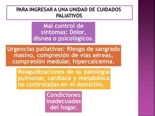 PARA INGRESAR A UNA UNIDAD DE CUIDADOS
PALIATIVOS
Mal control de
síntomas: Dolor,
disnea o psicológicos.
Urgencias paliativas: Riesgo de sangrado
masivo, compresión de vías aéreas,
compresión medular, hipercalcemia.
Reagudizaciones de su patología
pulmonar, cardiaca y metabólica
no controladas en el domicilio.
Condiciones
inadecuadas
del hogar.
 