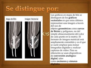 Los gráficos en mapa de bits se
distinguen de los gráficos
vectoriales en que estos últimos
representan una imagen a través
del uso de
objetos geométricos como curvas
de Bézier y polígonos, no del
simple almacenamiento del color
de cada punto en la matriz. El
formato de imagen matricial está
ampliamente extendido y es el que
se suele emplear para tomar
fotografías digitales y realizar
capturas de vídeo. Para su
obtención se usan dispositivos
de conversión analógica-
digital, tales
como escáneres y cámaras
digitales.
 