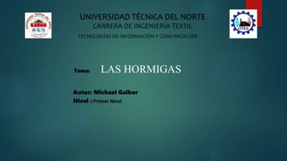 UNIVERSIDAD TÉCNICA DEL NORTE
CARRERA DE INGENIERÍA TEXTIL
TECNOLOGÍAS DE INFORMACIÓN Y COMUNICACIÓN
Autor: Michael Gaibor
Nivel : Primer Nivel
Tema: LAS HORMIGAS
 