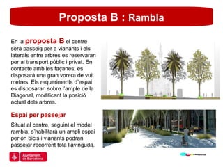 Proposta B :  Rambla En la  proposta B  el centre serà passeig per a vianants i els laterals entre arbres es reservaran per al transport públic i privat. En contacte amb les façanes, es disposarà una gran vorera de vuit metres. Els requeriments d’espai es disposaran sobre l’ample de la Diagonal, modificant la posició actual dels arbres. Espai per passejar Situat al centre, seguint el model rambla, s’habilitarà un ampli espai per on bicis i vianants podran passejar recorrent tota l’avinguda. 