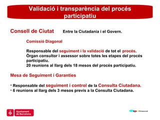 Validació i transparència del procés participatiu Consell de Ciutat  Entre la Ciutadania i el Govern. Comissió Diagonal Responsable del  seguiment i la validació  de tot el  procés . Òrgan consultor i assessor sobre totes les etapes del procés  participatiu. 20 reunions al llarg dels 18 mesos del procés participatiu. Mesa de Seguiment i Garanties  Responsable del  seguiment i control   de la  Consulta Ciutadana . 6 reunions al llarg dels 3 mesos previs a la Consulta Ciutadana. 
