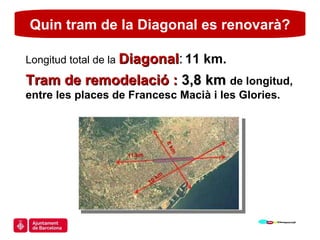 Quin tram de la Diagonal es renovarà? Longitud total de la  Diagonal :   11 km. Tram de remodelació :  3,8 km  de longitud, entre les places de Francesc Macià i les Glories. 