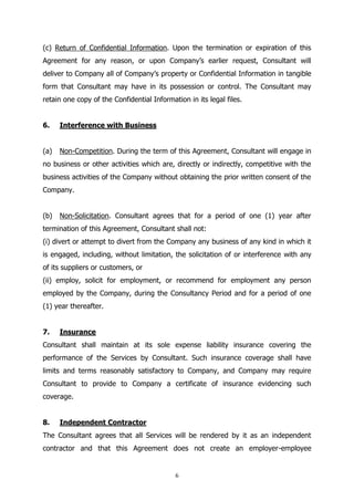 6
(c) Return of Confidential Information. Upon the termination or expiration of this
Agreement for any reason, or upon Company’s earlier request, Consultant will
deliver to Company all of Company’s property or Confidential Information in tangible
form that Consultant may have in its possession or control. The Consultant may
retain one copy of the Confidential Information in its legal files.
6. Interference with Business
(a) Non-Competition. During the term of this Agreement, Consultant will engage in
no business or other activities which are, directly or indirectly, competitive with the
business activities of the Company without obtaining the prior written consent of the
Company.
(b) Non-Solicitation. Consultant agrees that for a period of one (1) year after
termination of this Agreement, Consultant shall not:
(i) divert or attempt to divert from the Company any business of any kind in which it
is engaged, including, without limitation, the solicitation of or interference with any
of its suppliers or customers, or
(ii) employ, solicit for employment, or recommend for employment any person
employed by the Company, during the Consultancy Period and for a period of one
(1) year thereafter.
7. Insurance
Consultant shall maintain at its sole expense liability insurance covering the
performance of the Services by Consultant. Such insurance coverage shall have
limits and terms reasonably satisfactory to Company, and Company may require
Consultant to provide to Company a certificate of insurance evidencing such
coverage.
8. Independent Contractor
The Consultant agrees that all Services will be rendered by it as an independent
contractor and that this Agreement does not create an employer-employee
 