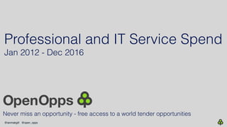 @ianmakgill @open_opps
Professional and IT Service Spend
Jan 2012 - Dec 2016
Never miss an opportunity - free access to a world tender opportunities
OpenOpps
 