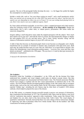 question. The size of the pictograph further develops the story – i.e. the bigger the symbol the higher
the consumption in certain regions or markets.
Include a catchy title, such as ‘Are your drugs costing too much?’, and a small introductory article:
Have you noticed you are paying less for some OTCs but much more for others? And the price for
aspirin can vary depending on where you are in France? It’s not your aching head playing tricks on
you. Here’s how much it can vary in different regions. Ouch!
So, from a plain and hard-to-read table, we now have a chart, a mapped pictogram and a little narrative
about the confusing world of OTC medications – all the makings of an infographic! Despite the
improvement, this is still a rather static, or indeed passive, presentation. But online media has
massively changed this.
Imagine adding a small drop-down menu under the mapped pictogram with the subject; ‘How much
does aspirin cost in your city?’ and with the click of a mouse, the map dynamically changes to display
the most popular OTCs by city and their prices. This is when ‘seeing’ becomes ‘doing’ and the
chances of information retention improve by up to 60% with one click.
A table of data thus becomes an illustrated graph which in turn becomes an infographic and is finally
transformed into an example of enriched or dynamic data visualisation with input from users. With
each step, the reader becomes more of a user who can ‘drill down’ to as much detail as desired. This
follows the Schneiderman visual information-seeking mantra – “overview first, zoom and filter, then
details-on-demand” – published in his 1996 paper, ‘The eyes have it: A task by data type taxonomy for
information visualizations’.
A step up in the information (r)evolution:
The Godfather
Sometimes called the ‘Godfather of infographics’, in the 1920s and 30s the German Fritz Kahn
understood how metaphor and visual imagery could make an abstract concept clearer. But data
visualisation techniques were documented well before Kahn’s time. The Flemish astronomer Michael
Florent Van Langren is credited with the first visual representation of statistical data in the 17th
century. The Scot William Playfair developed graphical displays in the 18th century that we recognise
and use today, such as line, bar, circle and pie charts. By the 19th century, statistical graphics entered a
reported ‘Golden Age’, including the now famous map by John Snow of London’s 1854 cholera
outbreak, which helped to pinpoint the cause of the disease.
In the 20th century, as computers became powerful enough to process vast amounts of information,
data visualisation also blossomed. In 1977, the US professor John Tukey took the field to a new level
with his ‘exploratory data analysis’ approach to data visualisation. Today, names like Edward Tufte
and Stephen Few are often cited in this fast-evolving field. Tufte’s book ‘The visual display of
quantitative information’ basically showed that there was such a thing as bad or unnecessary attempts
at ‘improving’ how data is presented, while Few’s books include ‘Show me the numbers’ and ‘Data
visualization for human perception’.
Table of
data
Illustrated
chart
Infograph
story
Dynamic
data
visualisation
 