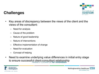 Challenges
• Key areas of discrepancy between the views of the client and the
views of the consultant:
– Need for analysis
– Cause of the problem
– Nature of good leadership
– Nature of interventions
– Effective implementation of change
– Need for evaluation
– Concept of helping
• Need to examine underlying value differences in initial entry stage
to ensure successful client-consultant relationship
 