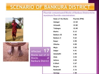 Fluoride contaminated Blocks of Bankura District & Its
maximum fluoride concentration:
Name of the Blocks Fluoride (PPM)
Simlapal 12.69
Hirbandh 10.80
Taldangra 10.45
Khatra 5.12
Bankura-II 4.90
Bankura-I 4.62
Raipur 4.55
Chhatna 4.00
Mejia 3.90
Indpur 4.41
Sonamukhi 3.40
Onda 3.03
Saltora 3.00
G.Ghati 2.67
Barjora 2.51
Ranibandh 2.16
Sarenga 1.98
Affected 17
Blocks out of 22
Blocks of
Bankura District
 