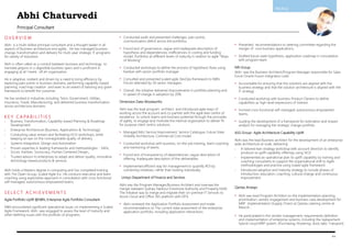 PROFILE
O V E R V I E W
Abhi is a multi-skilled principal consultant and a thought leader in all
aspects of Business architecture and agility . He has managed business
change, transformation and delivery for multi-year strategic IT programs
for variety of industries.
Abhi is often called as a conduit between business and technology to
translate jargons in o digestible business specs and is proficient in
engaging at all l levels oft eh organisation.
He is adaptive, resilient and driven by a need to bring efficiency by
exploring pain points in business domains, performing capability-based
planning, road map creation and even to an extent of tailoring any given
framework to benefit the customer.
He has worked in industries including Telco, Government, Utilities,
Insurance, Travel, Manufacturing, and delivered business transformation
across architecture domains.
K E Y C A PA B I L I T I E S
• Business Transformation, Capability-based Planning & Roadmap
Development
• Enterprise Architecture (Business, Applications & Technology)
• Conducting value stream and facilitating HCD workshops, while
keeping an eye on the nonnegotiable quality of delivery
• Systems Integration, Design and Automation
• Proven expertise in leading frameworks and methodologies - SAFe,
Scrum, Kanban, Sociocracy, Human Centered Design;,
• Trusted advisor to enterprises to adapt and deliver quality, innovative
technology-based products & services.
Abhi holds a Masters degree in computing and has completed training
with The Open Group, Scaled Agile Inc, He conducts executive and team
coaching using explorative approach in consultation with cross functional
self-managed, autonomous empowered teams.
S E L E C T A C H I E V E M E N T S
Agile Portfolio Uplift @NBN, Enterprise Agile Portfolio Consultant
NBN encountered significant operational issues on implementing a Scaled
Agile Framework, Abhi was engaged to assess the level of maturity and
other teething issues with the portfolio of programs
• Conducted audit and presented challenges, pain points,
communication deficit across the portfolios.
• Found lack of governance, vague and inadequate description of
hypothesis and dependencies, inefficiencies in costing and funding
model, Portfolios at different levels of maturity in relation to agile “Ways
of Working”
• Conducted workshops to define the process of hypothesis flows using
Kanban with senior portfolio manager
• Consulted and presented scaled agile DevOps framework to NBN.
Forum attended by 50 senior managers.
• Overall, the initiative delivered improvements in portfolio planning and
in speed of change in adoption by 20%
Dimension Data-Woolworths
Abhi was the lead program architect and introduced agile ways of
working across the account and co-partner with the agile lean centre of
excellence to unlock teams and business potential through the principles
of agility, to engage and motivate the internal organisation to deliver fit
for purpose client centric solutions.
• Managed BAU Service Improvement, Service Catalogue, Future State
Visibility Architecture, Commercial Cost model.
• Conducted workshop with business, on-the-job training, team coaching
and mentoring of teams
• Found lack of transparency of dependencies, vague description of
offering, Inadequate description of the deliverables.
• Implemented efficient way for management to quantify ROI by
combining initiatives, rather than looking individually.
Unisys-Department of Finance and Services
Abhi was the Program Manager/Business Architect and oversaw the
merger between Sydney Harbour Foreshore Authority and Property NSW.
The initiative was to merge and migrate their on-premise IT Services to
Azure Cloud and Office 365 platform with DFSI.
• Abhi reviewed the Application Portfolio Assessment and made
recommendations to The current state assessment of the enterprise
application portfolio, including application interactions.
• Presented recommendations to steering committee regarding the
merger of core business applications,
• Drafted future state hypothesis, application roadmap in consultation
with program team
NRI Group
Abhi was the Business Architect/Program Manager responsible for Sales
Force-Oracle Fusion integration suite
• Accountable for ensuring that the solutions are aligned with the
business strategy and that the solution architecture is aligned with the
IT strategy
• Conducted workshop with business Product Owners to define
capabilities as high-level expressions of interest.
• Formed cross functional self-managed, autonomous empowered
teams..
• Guiding the development of a framework for estimation and impact
analysis for managing the strategic change portfolio
ASG Group- Agile Architecture Capability Uplift
Abhi was the lead Business architect for the development of an enterprise-
wide architecture at scale, delivering:
• A tailored lean strategy workshop with account directors to identify
products to uplift capability offerings using HCD
• Implemented an operational plan to uplift capability by training and
coaching consultants to support the organisational shift to Agile
methodologies and practice using scaled agile framework
• Introduced adoption and maturity strategy to include phases of
introduction, education, coaching, cultural change and continuous
improvement.
Qantas Airways
• Abhi was lead Program Architect on the implementation planning,
prioritisation, vendor engagement and business case development for
MRP implementation (Supply Chain) at Qantas catering centre at
Mascot ,
• He participated in the vendor management, requirements definition
and implementation of enterprise systems, including the replacement
hybrid-cloud MRP system, (Purchasing, Rostering, stock take, Transport)
P.1
Abhi Chaturvedi
Principal Consultant
 
