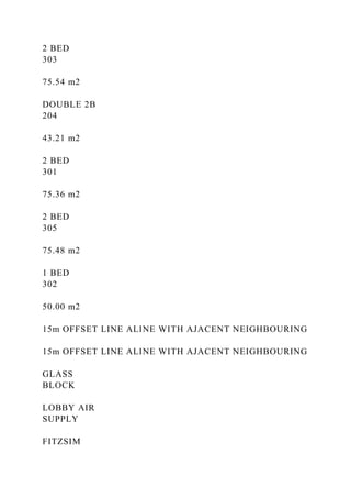 2 BED
303
75.54 m2
DOUBLE 2B
204
43.21 m2
2 BED
301
75.36 m2
2 BED
305
75.48 m2
1 BED
302
50.00 m2
15m OFFSET LINE ALINE WITH AJACENT NEIGHBOURING
15m OFFSET LINE ALINE WITH AJACENT NEIGHBOURING
GLASS
BLOCK
LOBBY AIR
SUPPLY
FITZSIM
 