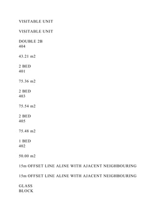 VISITABLE UNIT
VISITABLE UNIT
DOUBLE 2B
404
43.21 m2
2 BED
401
75.36 m2
2 BED
403
75.54 m2
2 BED
405
75.48 m2
1 BED
402
50.00 m2
15m OFFSET LINE ALINE WITH AJACENT NEIGHBOURING
15m OFFSET LINE ALINE WITH AJACENT NEIGHBOURING
GLASS
BLOCK
 