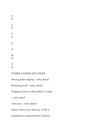 V
E
L
E
V
E
L
A
B
O
V
E
OTHER LANDSCAPE ITEMS
Brick garden edging - refer detail
Retaining wall - refer detail
Stepping stones with pebbles in gaps
- refer detail
Turf area - refer detail
Safety fence over balcony to BCA
standards to manufacturer's details
 