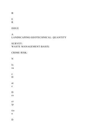 B
E
R
ISSUE
A
LANDSCAPING:GEOTECHNICAL: QUANTITY
SURVEY:
WASTE MANAGEMENT:BASIX:
CRIME RISK:
N
Is
su
e
D
at
e
D
es
cr
ip
tio
n
D
 
