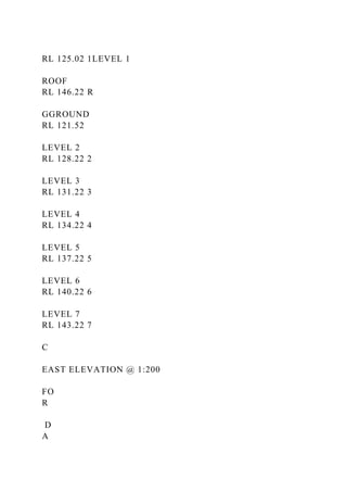 RL 125.02 1LEVEL 1
ROOF
RL 146.22 R
GGROUND
RL 121.52
LEVEL 2
RL 128.22 2
LEVEL 3
RL 131.22 3
LEVEL 4
RL 134.22 4
LEVEL 5
RL 137.22 5
LEVEL 6
RL 140.22 6
LEVEL 7
RL 143.22 7
C
EAST ELEVATION @ 1:200
FO
R
D
A
 