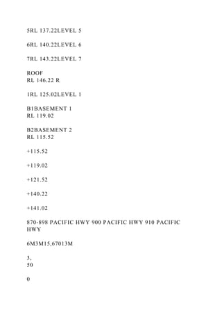 5RL 137.22LEVEL 5
6RL 140.22LEVEL 6
7RL 143.22LEVEL 7
ROOF
RL 146.22 R
1RL 125.02LEVEL 1
B1BASEMENT 1
RL 119.02
B2BASEMENT 2
RL 115.52
+115.52
+119.02
+121.52
+140.22
+141.02
870-898 PACIFIC HWY 900 PACIFIC HWY 910 PACIFIC
HWY
6M3M15,67013M
3,
50
0
 