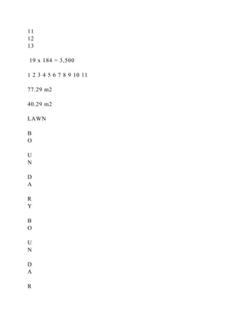 11
12
13
19 x 184 = 3,500
1 2 3 4 5 6 7 8 9 10 11
77.29 m2
40.29 m2
LAWN
B
O
U
N
D
A
R
Y
B
O
U
N
D
A
R
 