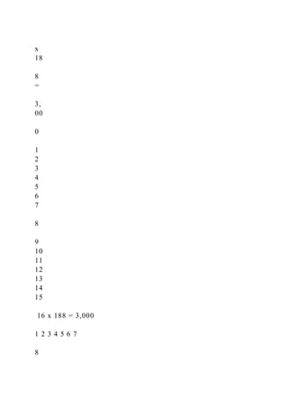 x
18
8
=
3,
00
0
1
2
3
4
5
6
7
8
9
10
11
12
13
14
15
16 x 188 = 3,000
1 2 3 4 5 6 7
8
 