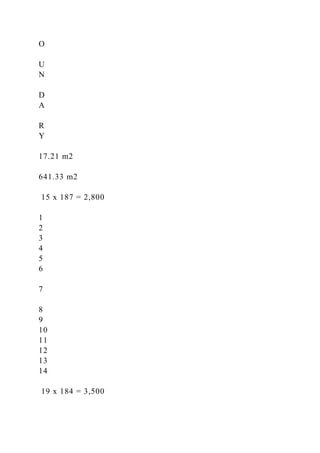 O
U
N
D
A
R
Y
17.21 m2
641.33 m2
15 x 187 = 2,800
1
2
3
4
5
6
7
8
9
10
11
12
13
14
19 x 184 = 3,500
 