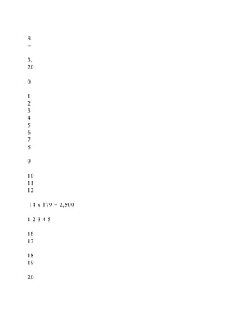 8
=
3,
20
0
1
2
3
4
5
6
7
8
9
10
11
12
14 x 179 = 2,500
1 2 3 4 5
16
17
18
19
20
 