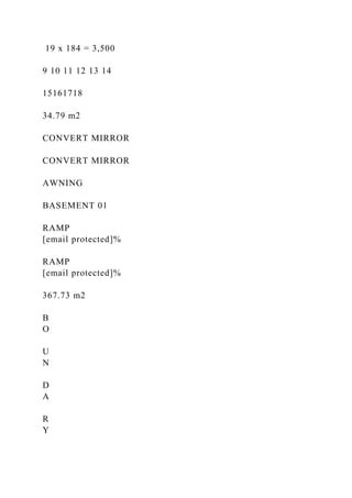 19 x 184 = 3,500
9 10 11 12 13 14
15161718
34.79 m2
CONVERT MIRROR
CONVERT MIRROR
AWNING
BASEMENT 01
RAMP
[email protected]%
RAMP
[email protected]%
367.73 m2
B
O
U
N
D
A
R
Y
 