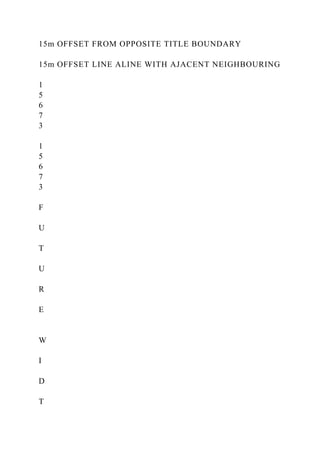 15m OFFSET FROM OPPOSITE TITLE BOUNDARY
15m OFFSET LINE ALINE WITH AJACENT NEIGHBOURING
1
5
6
7
3
1
5
6
7
3
F
U
T
U
R
E
W
I
D
T
 