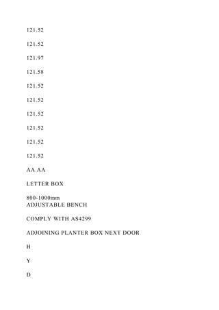 121.52
121.52
121.97
121.58
121.52
121.52
121.52
121.52
121.52
121.52
AA AA
LETTER BOX
800-1000mm
ADJUSTABLE BENCH
COMPLY WITH AS4299
ADJOINING PLANTER BOX NEXT DOOR
H
Y
D
 