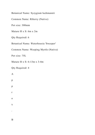 Botanical Name: Syzygium luehmannii
Common Name: Riberry (Native)
Pot size: 300mm
Mature H x S: 6m x 2m
Qty Required: 6
Botanical Name: Waterhousia 'Sweeper'
Common Name: Weeping Myrtle (Native)
Pot size: 75L
Mature H x S: 6-13m x 3-4m
Qty Required: 4
A
p
p
r
o
x
.
B
 
