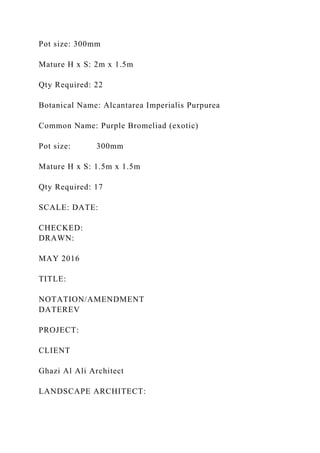 Pot size: 300mm
Mature H x S: 2m x 1.5m
Qty Required: 22
Botanical Name: Alcantarea Imperialis Purpurea
Common Name: Purple Bromeliad (exotic)
Pot size: 300mm
Mature H x S: 1.5m x 1.5m
Qty Required: 17
SCALE: DATE:
CHECKED:
DRAWN:
MAY 2016
TITLE:
NOTATION/AMENDMENT
DATEREV
PROJECT:
CLIENT
Ghazi Al Ali Architect
LANDSCAPE ARCHITECT:
 