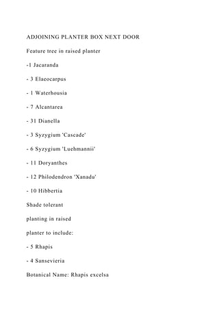 ADJOINING PLANTER BOX NEXT DOOR
Feature tree in raised planter
-1 Jacaranda
- 3 Elaeocarpus
- 1 Waterhousia
- 7 Alcantarea
- 31 Dianella
- 3 Syzygium 'Cascade'
- 6 Syzygium 'Luehmannii'
- 11 Doryanthes
- 12 Philodendron 'Xanadu'
- 10 Hibbertia
Shade tolerant
planting in raised
planter to include:
- 5 Rhapis
- 4 Sansevieria
Botanical Name: Rhapis excelsa
 