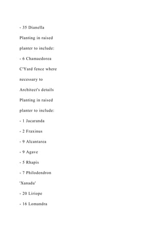 - 35 Dianella
Planting in raised
planter to include:
- 6 Chamaedorea
C'Yard fence where
necessary to
Architect's details
Planting in raised
planter to include:
- 1 Jacaranda
- 2 Fraxinus
- 9 Alcantarea
- 9 Agave
- 5 Rhapis
- 7 Philodendron
'Xanadu'
- 20 Liriope
- 16 Lomandra
 