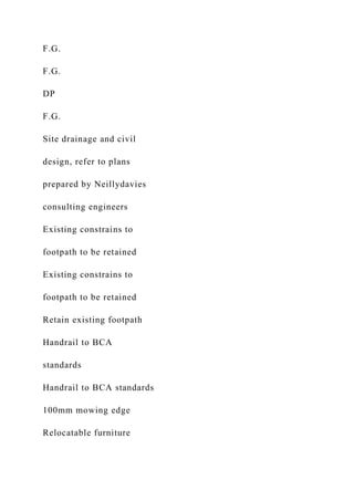 F.G.
F.G.
DP
F.G.
Site drainage and civil
design, refer to plans
prepared by Neillydavies
consulting engineers
Existing constrains to
footpath to be retained
Existing constrains to
footpath to be retained
Retain existing footpath
Handrail to BCA
standards
Handrail to BCA standards
100mm mowing edge
Relocatable furniture
 