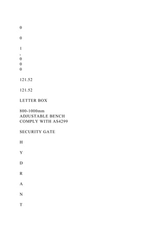 0
0
1
,
0
0
0
121.52
121.52
LETTER BOX
800-1000mm
ADJUSTABLE BENCH
COMPLY WITH AS4299
SECURITY GATE
H
Y
D
R
A
N
T
 