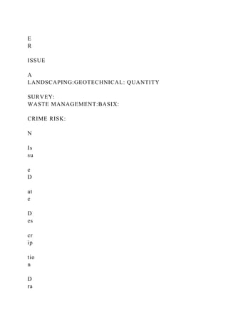 E
R
ISSUE
A
LANDSCAPING:GEOTECHNICAL: QUANTITY
SURVEY:
WASTE MANAGEMENT:BASIX:
CRIME RISK:
N
Is
su
e
D
at
e
D
es
cr
ip
tio
n
D
ra
 