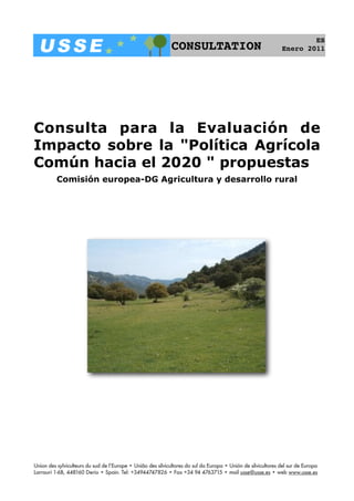 ES
        REPORT                                                CONSULTATION                                     Enero 2011




Consulta para la Evaluación de
Impacto sobre la "Política Agrícola
Común hacia el 2020 " propuestas
          Comisión europea-DG Agricultura y desarrollo rural




Union des sylviculteurs du sud de l’Europe • União des silvicultores do sul da Europa • Unión de silvicultores del sur de Europa
Larrauri 1-6B, 448160 Derio • Spain. Tel: +34944747826 • Fax +34 94 4763715 • mail usse@usse.es • web www.usse.es
 